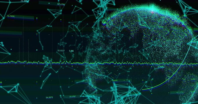 Glowing network globe floating in virtual space, with nodes and horizontal data stream, copy space
