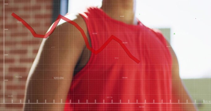 Displaying male athlete torso wearing red tank top in gym studio with red line graph overlay