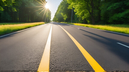 The image shows an empty asphalt road with a yellow line in the middle, surrounded by green trees. The sun is shining brightly, casting a warm glow over the scene.