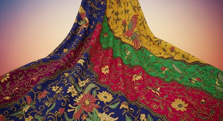 A vibrant display of traditional Southeast Asian Batik fabric, a masterpiece of cultural textile art with intricate floral and bird patterns