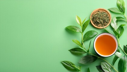 herbal tea and fresh leaves on green background with copy space copy space