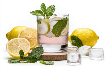 Refreshing glass of pink lemonade with fresh mint leaves, lemon slices, and ice cubes on wooden coaster, surrounded by whole and halved lemons and scattered mint leaves