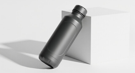 Fototapeta premium Black reusable water bottle resting against a white cube in a minimalist studio setting, promoting sustainability and healthy hydration habits.