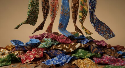A vibrant cascade of colorful, traditionally patterned fabrics falling into a dynamic pile
