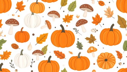 A cheerful autumnal pattern design featuring pumpkins, leaves, and mushrooms on a white background.