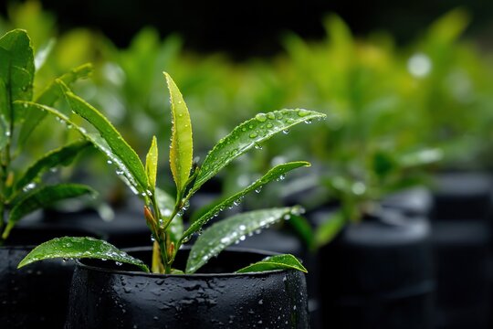 Fototapeta A close-up of green plant leaves with water droplets, a blurred background, showcasing fresh plant details suitable for themes of nature, gardening, or botany.