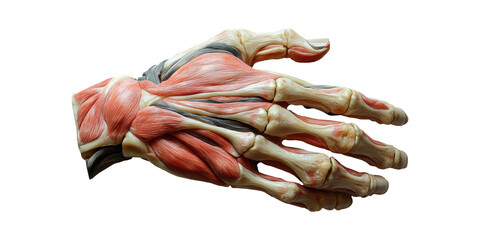 Anatomical Model Of Human Hand Muscles And Bones. Educational Tool For Medical Study Isolated On Transparent Background