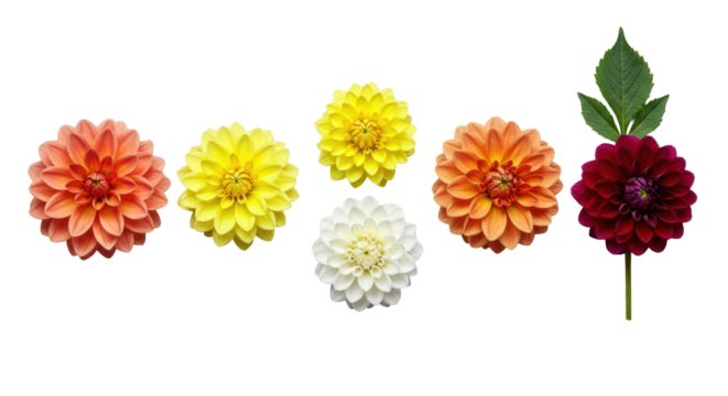Six vibrant dahlia blooms (coral, yellow, orange, white, pink, purple) and a green leaf arranged neatly on a transparent background, bright studio light, high-end catalog concept