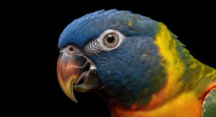 Obraz premium Vibrant Parrot Head Close-up: Colorful Bird Portrait on Black