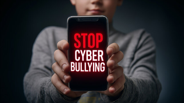 Gen Z holding smartphone with stop cyberbullying text.