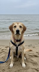 Adorable wet Golden Retriever sitting on a sandy beach, looking directly at the camera with the calm ocean and an overcast sky in the background, showcasing a joyful seaside adventure.