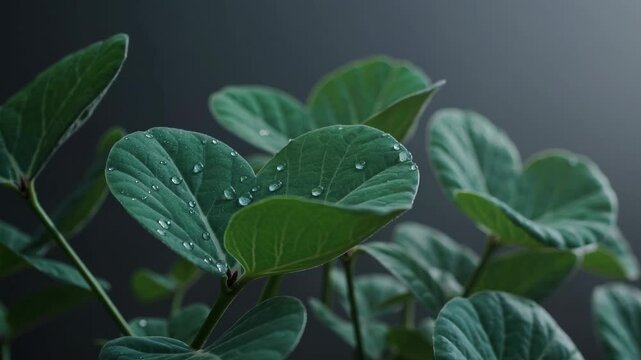 Close-up video angle of green leaves with water droplets, showcasing a serene, natural style against a soft, dark background.