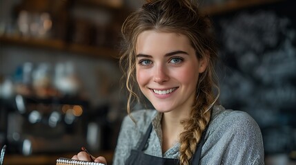Portrait of a smiling woman with a braid wearing an apron holding a notepad in a cafe setting