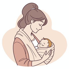 Vector art of a mother lovingly holds her sleeping baby in a sling, providing comfort and security, her gentle embrace creating a bond of warmth and protection, in a tender illustration