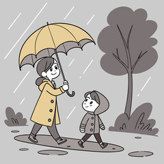 Vector art of a mother and child walking in the rain under an umbrella, the mother is holding the umbrella over the child, the scene is set in a park with a tree and puddles on the ground
