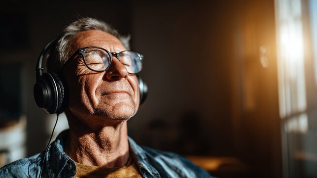 Senior man in glasses enjoys music on headphones, eyes closed in contentment, bathed in soft, warm sunlight, finding peaceful solitude. #relaxation #mindfulness