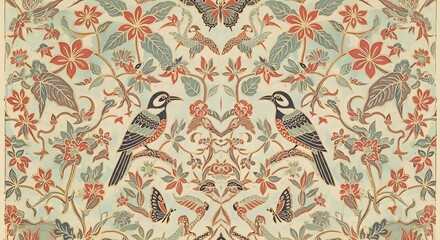 Elegant Vintage-Inspired Botanical Pattern Featuring Symmetrical Birds, Delicate Butterflies, and Intricate Floral Motifs in a Harmonious Design