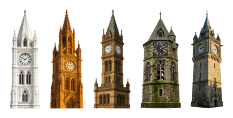 Clock tower set including various gothic, victorian, stone, and weathered architectural styles isolated. Historical buildings and landmark collection.