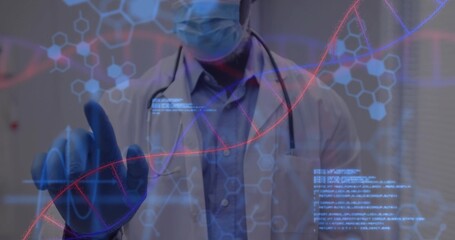Doctor wearing mask manipulating touchscreen in lab, with stethoscope, DNA, hexagons, code overlays