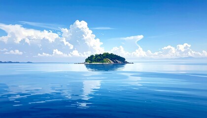 Naklejka premium Serene island scene unfolds in a tranquil blue sea, with fluffy white clouds dotting a vibrant sky.