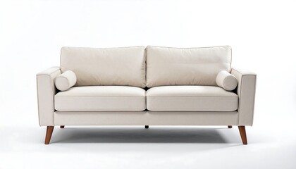 Obraz premium A light beige modern couch with bolster pillows, minimalist design, and simple wooden legs stands against a plain white background.