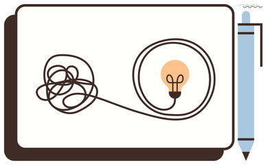 Tangled line transitioning into a glowing lightbulb beside a notebook and pen. Ideal for brainstorming, problem-solving, innovation, clarity, creativity, planning, inspiration. A simple flat metaphor