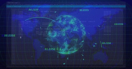 Displaying central wireframe globe on map grid, floating numeric values, SQL query lines