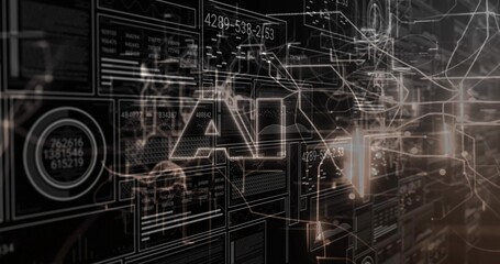 Displaying digital dashboard UI panels in control room, with glowing data connections