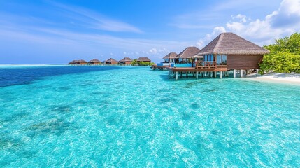 Luxurious water villas in a tropical paradise. Stunning view of overwater bungalows with thatched roofs, set against a backdrop of crystal-clear turquoise waters and blue skies.