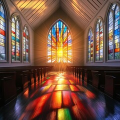 Obraz premium Ethereal Stained Glass Sunlight in Empty Church Sanctuary, Creating a Vibrant Spiritual Atmosphere