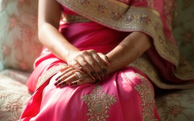 Elegant woman in traditional pink saree showcasing intricate henna designs for cultural celebration