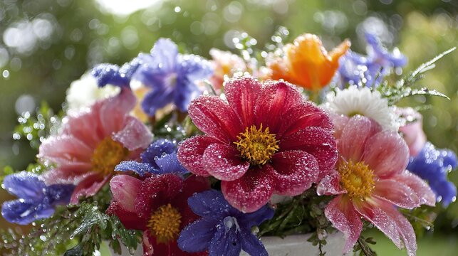 Vibrant floral arrangement glows in morning sunlight with delicate dew drops on petals and a soft garden backdrop.