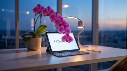 Orchid plant and tablet displaying 'I miss you' message on a desk at d - Powered by Adobe