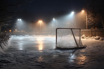 Outdoor ice rink at night with hockey net and bright lights. Use it for winter sports or recreation themed projects.