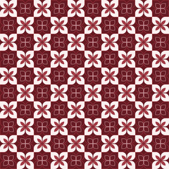 A vibrant seamless pattern with a striking checkerboard arrangement of the classic Kawung floral motif in shades of maroon and pink. This design is perfect for adding a pop of color and cultural flair