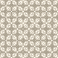 This elegant, seamless pattern is a minimalist interpretation of the Batik Kawung motif, featuring simple botanical shapes and subtle dotted details in a soft, neutral palette.