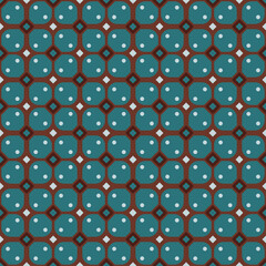 A retro-inspired seamless pattern with a geometric design reminiscent of traditional motifs. The vibrant combination of teal, maroon, and white gives it a playful and unique look.