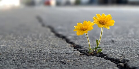 Naklejka premium Yellow Flowers Blossom Through Cracks in Urban Asphalt, Symbolizing Resilience and Hope for Life
