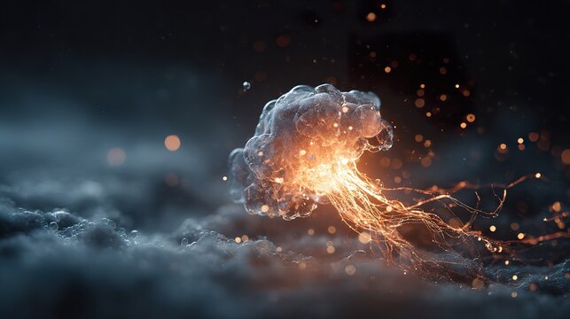 A single, complex, glowing molecule emerges from a dark, primordial aqueous solution, symbolizing the spark of life