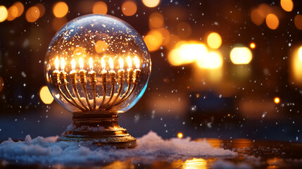 Obraz premium Menorah inside a snow globe with snow and blurred lights in the background for hanukkah celebration