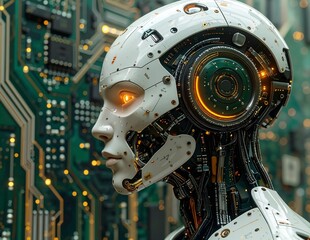 Fototapeta premium Futuristic Android Woman with Circuit Background in High-Tech Environment