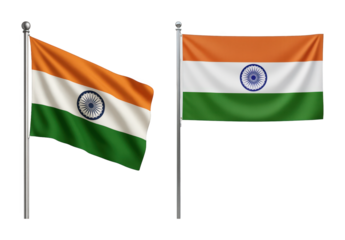 Indian flag set including waving and flat hanging versions on a pole isolated. National symbol for patriotism and country themes.