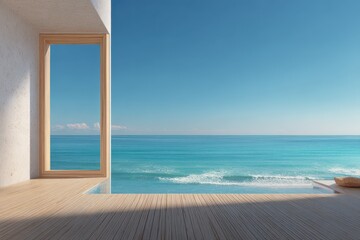 Fototapeta premium Modern open room with a wood floor viewing blue ocean and sky outside. Ideal for advertising luxury travel, resorts or vacation rentals.