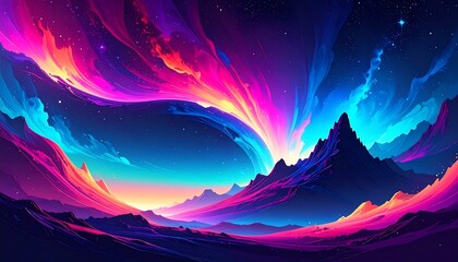 Colorful Aurora Mountain Landscape.