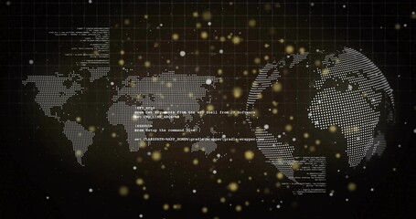 Displaying dotted world map and globe streaming code snippets over dark grid, with glowing lights