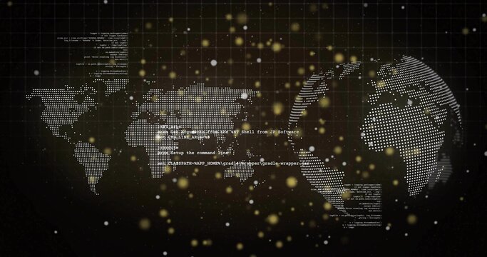 Displaying dotted world map and globe streaming code snippets over dark grid, with glowing lights