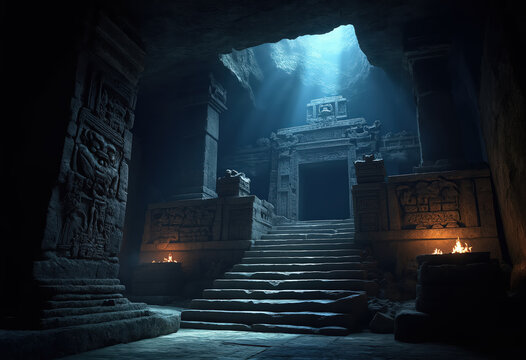 A captivating underground temple illuminated by beams of light, showcasing ancient architecture and carvings.