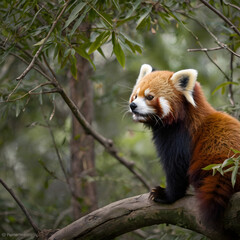 Fototapeta premium A captivating image captures a stunning red panda perched in a lush tree. This moment depicts the charming creature in its natural habitat, highlighting the animal's vibrant fur and inquisitive gaze.