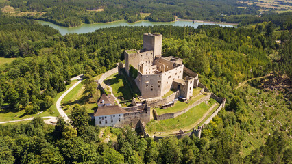 Aerial view of castle Landstejn. Large castle ruins in Czech republic, Europe.