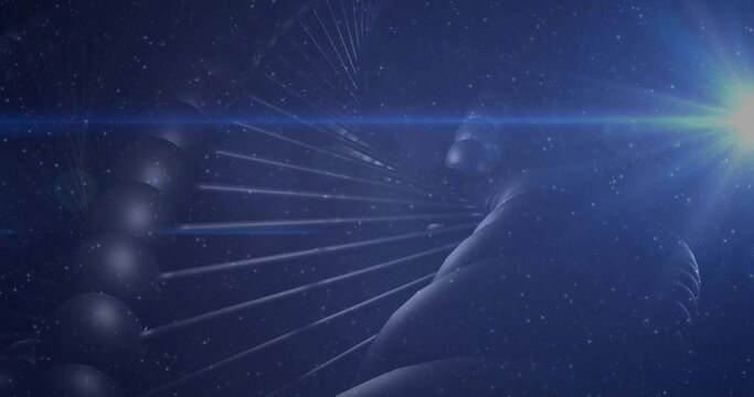 Rotating molecular helix of spheres and rods glowing in deep blue cosmic backdrop, with lens flare - Powered by Adobe